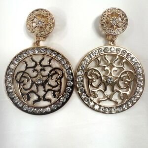 Gold Tone Earrings Round Dangle Sparkling Rhinestones Clip On